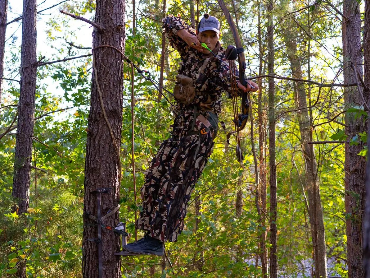 A hunter in a tree, using a saddle tree stand kit